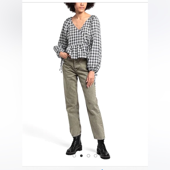 TOPSOP Blouses shirt wrap black white tie v-neck long sleeves plaid boho 10 NWT - Picture 4 of 4